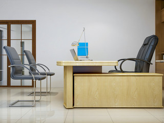 Modern company leadership office, leather chairs, wooden tables, bookshelves, etc.