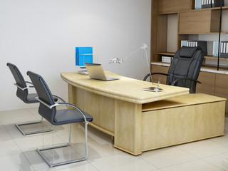 Modern company leadership office, leather chairs, wooden tables, bookshelves, etc.