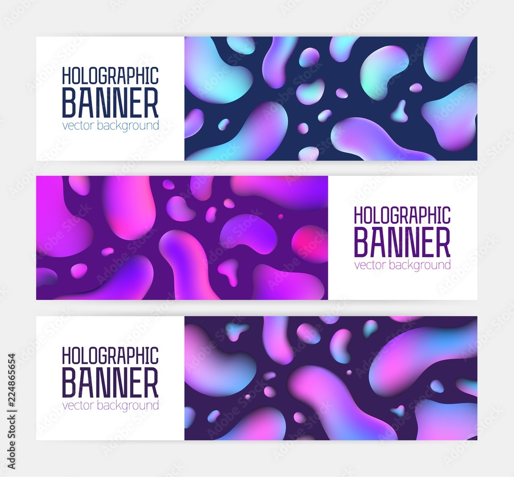 Aufkleber Set of modern web banner templates with psychedelic texture, bright colored bubbles and place for text. Bundle of futuristic horizontal backdrops. Vivid vector illustration in contemporary style.