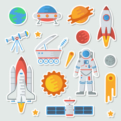 Space sticker set. Astronaut, the Earth, comet, satellite, rocket, meteorite, ufo, Moon, shuttle, radar, telescope, lunohod, stars, Mars. Flat vector illustration.