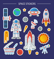 Space stickers collection. Astronaut, the Earth, comet, satellite, rocket, meteorite, ufo, Moon, shuttle, radar, telescope, lunohod, stars, Mars. Flat vector illustration.