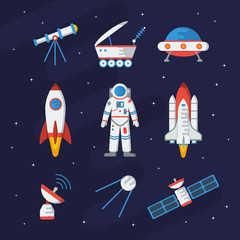 Space equipment set for you design: rocket, telescope, astronaut, radar, lunohod, satellite, etc. Vector flat illustration.