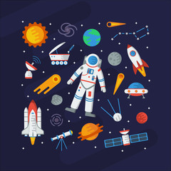 Astronomy concept. Square emblem of space objects. Sign for your design. Print for t-shirts, mugs, card, invitations, etc. © KatyFlaty