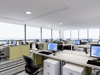 Corporate staff office in a commercial building, many tables and chairs in a floor office building
