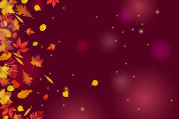 Fototapeta na wymiar Autumn leaves isolated on beautiful dark brown background with lights and sparkles. Abstract hello Autumn background for your greeting cards design or website. Vector illustration