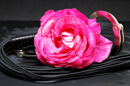 Rose, Peitsche und Handschellen