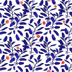 Bright blue sage branch and red berries seamless surface pattern isolated on white background. Botanical modern watercolor illustration