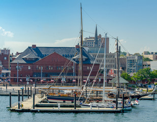 Skyline of the city of New London, Connecticut. Whaling ship in the foreground.