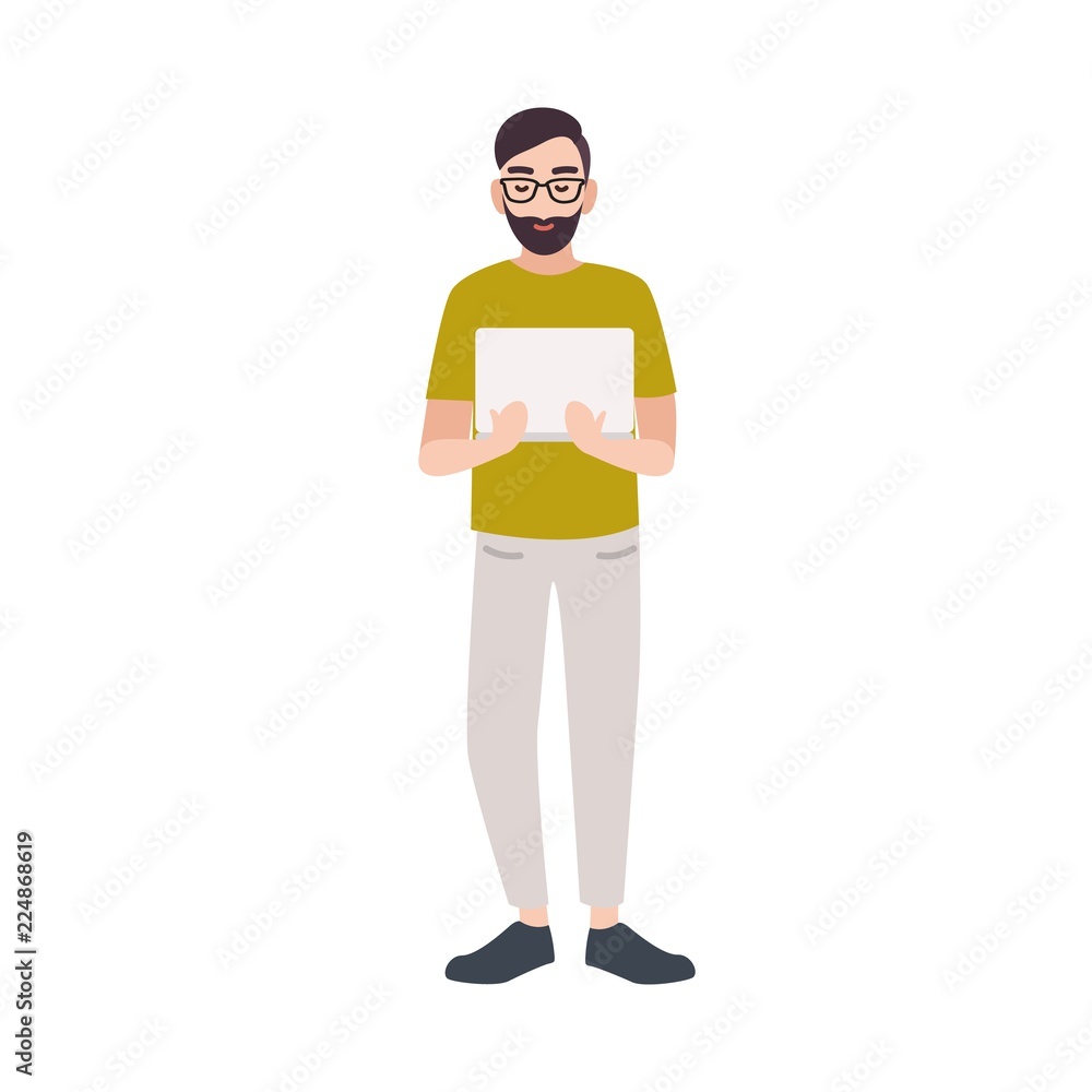 Poster Smiling programmer, coder, web developer, software engineer or IT worker holding laptop. Happy male cartoon character isolated on white background. Colorful vector illustration in flat style.