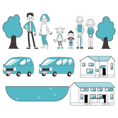 家族　3世帯　自家用車　自宅　セット