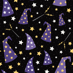Vector Starry Wizard Hats Seamless Pattern Background
