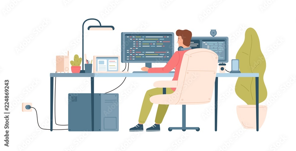 Leinwandbilder Programmer, coder, web developer or software engineer sitting at desk and working on computer or programming. Workplace of IT worker. Back view. Colorful vector illustration in flat cartoon style.