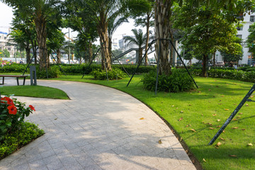 Urban walking road among green tree in modern apartment buildings in big city.