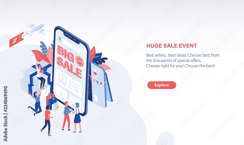 Aufkleber modern horizontal web banner template with people standing in front of giant smartphone with big sal