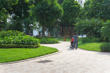 Urban walking road among green tree in modern apartment buildings in big city.