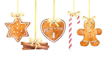 Christmas gingerbread cookies, candy cane and cinnamon sticks hanging border on a white background. Watercolor hand drawn illustration.