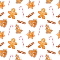 Watercolor christmas seamless pattern with gingerbread cookies, cinnamon and  candy cane.