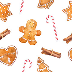 Watercolor christmas seamless pattern with gingerbread cookies, cinnamon and  candy cane.