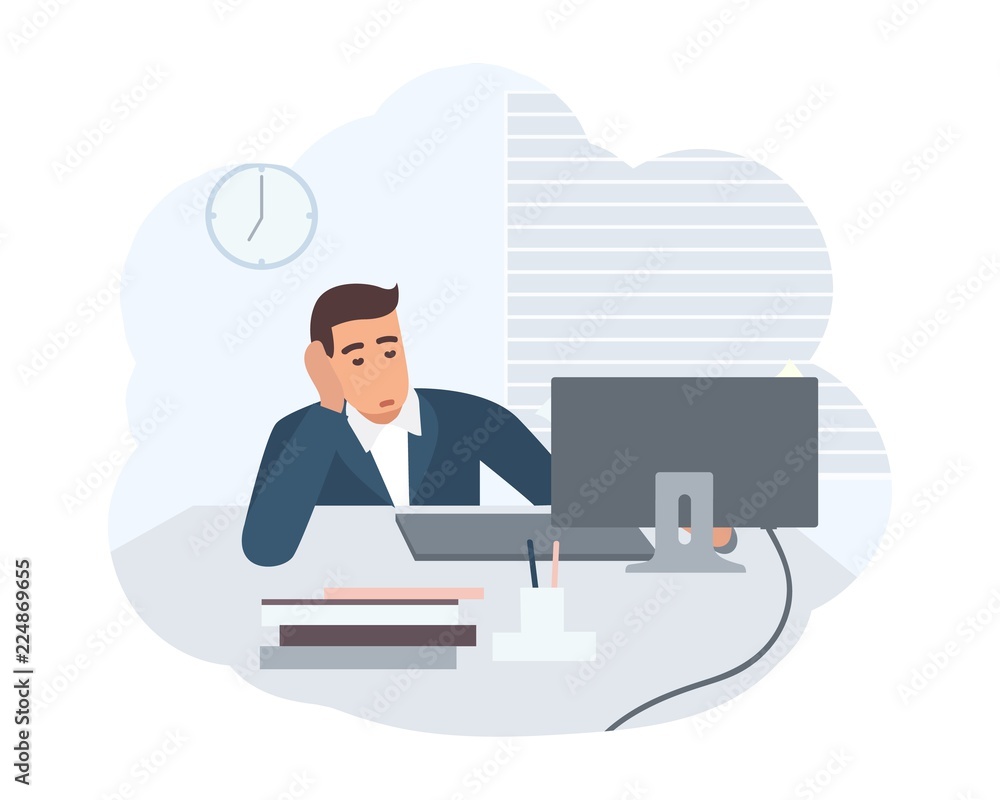 Aufkleber Office worker dressed in smart suit sitting at desk and working on computer. Clerk at its workplace. Scene from daily life of ordinary person. Colorful vector illustration in flat cartoon style.