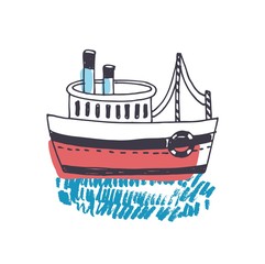 Doodle drawing of passenger ship, marine vessel, touristic watercraft or boat floating on ocean waves isolated on white background