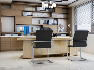 Modern company leadership office, leather chairs, wooden tables, bookshelves, etc.