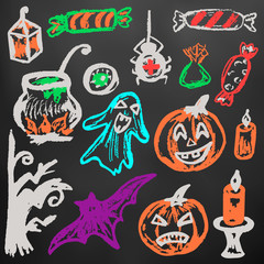 Halloween. A set of funny objects. Color chalk on a blackboard. Collection of festive elements. Autumn holidays. Pumpkin, ghost, spider, candy, eye, cauldron, wood, bat, candle