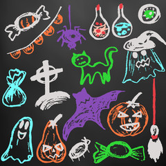 Halloween. A set of funny objects. Color chalk on a blackboard. Collection of festive elements. Autumn holidays. Pumpkin, ghost, spider, candy, eye, bat, broom, flags, potion, cat, cemetery