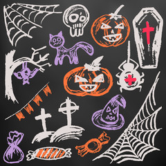 Halloween. Collection of festive elements. Autumn holidays. Pumpkin, cobweb, skull, coffin, tree, bat, cemetery, candy, spider, flags, cat, witch hat