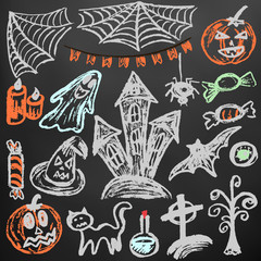 Halloween. A set of funny objects. Color chalk on a blackboard. Collection of festive elements. Autumn holidays. Pumpkin, cobweb, flags, candle, ghost, sinister castle, eye, potion, tree, candy