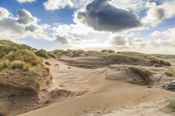 Fototapeta na wymiar Dune valleys with deep wind holes carved out by heavy storm with swaying marram grasses with scattered clouds against blue sky