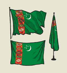 Flag of Turkmenistan on the wind and on the wall illustration set