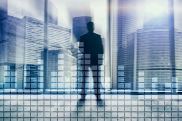 Fototapeta premium Financial chart on blurred skyscraper office background.