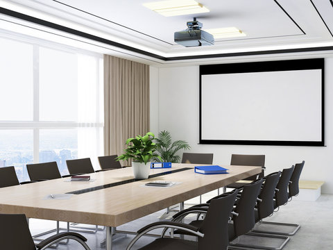 Large conference room, wooden table, chairs and projections