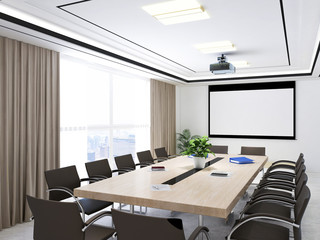 Large conference room, wooden table, chairs and projections