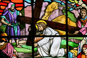 Jesus falls carrying the Cross - Stained Glass