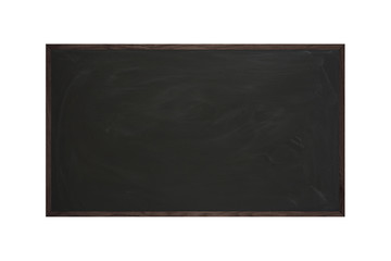Black chalkboard with colored wooden frame on isolated white background composition