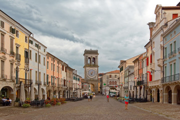 Este, Italy August 24, 2018: the clock tower on the main square in Este.