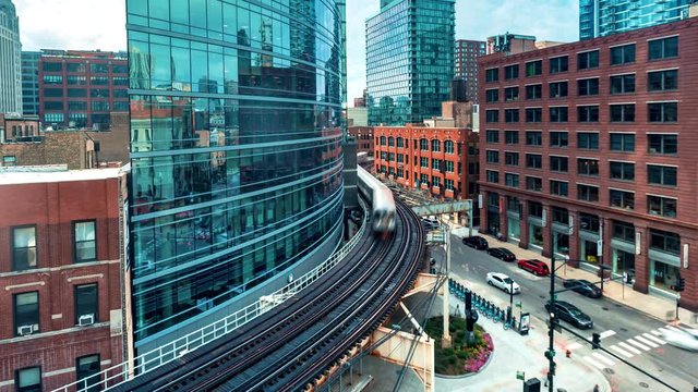 Time-lapse of trains curving through Downtown Chicago