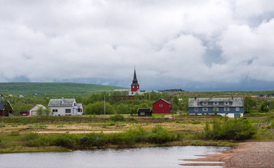 View of Kautokeino  is municipality in Finnmark county,  village of Guovdageaidnu/Kautokeino and Guovdageaidnu-Kautokeino River, Norway