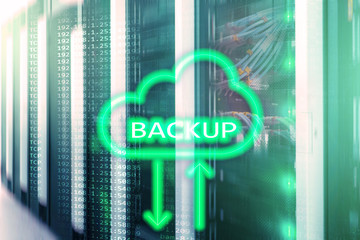 Backup button on modern server room background. Data loss prevention. System recovery.