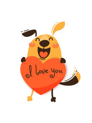 A happy dog with a valentine and message I love you. Vector illustration in cartoon style