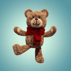 3d render, cute vintage teddy bear, plush toy dancing, wearing red scarf, cartoon character, isolated object on blue background