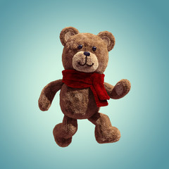 3d render, cute vintage teddy bear, plush toy walking, dancing, moving, wearing red scarf, cartoon character, isolated object on blue background
