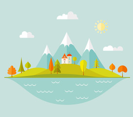 A house on a hill in the background of an autumn forest, a lake and mountains. Banner with a landscape in a flat style. Vector illustration.
