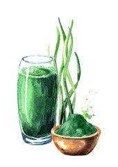 Green organic smoothie with spirulina algae with powder