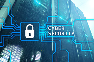 Cyber security, information privacy and data protection concept on server room background.