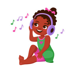 cute little african american girl in headphones listening to music. Cartoon vector illustration