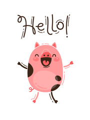 Funny pig greets you Hello. Happy Pink Piglet. Vector illustration in cartoon style
