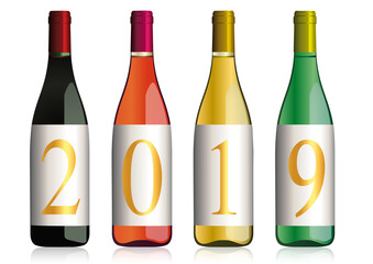 Carte de vœux pour les vins de Bourgogne et de Cote du Rhône avec 2019 écrit sur les bouteilles