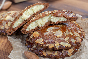 Sweet dessert for autumn season, Dutch filled cookies with marzipan and almonds